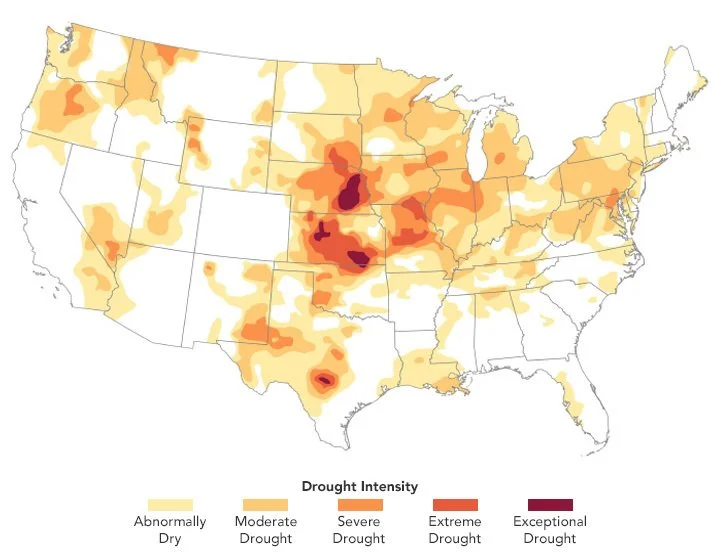 Map showing drought intensity over the United States