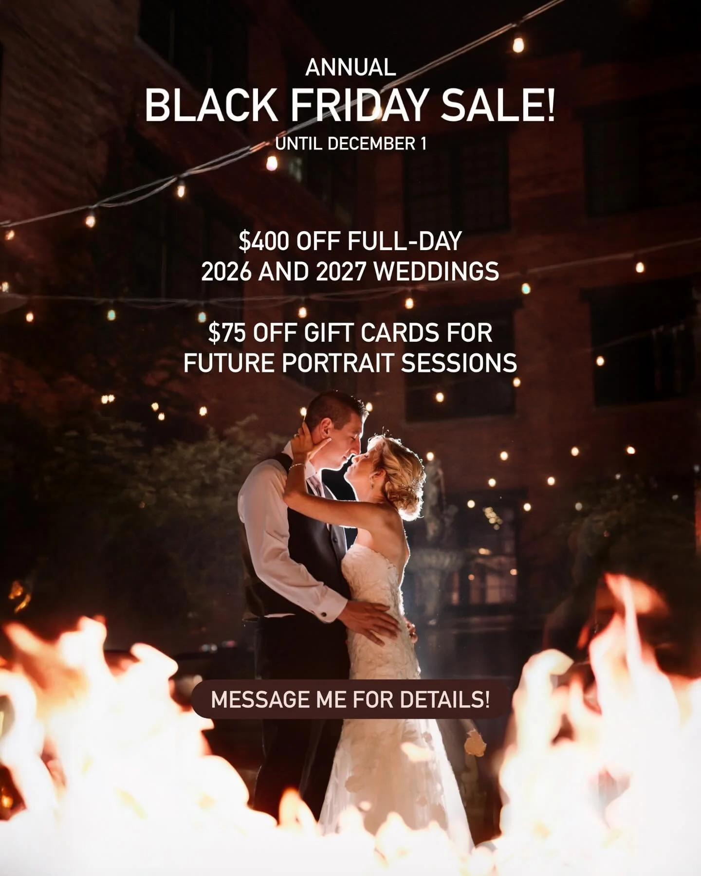 Running my ONLY sale of the year! If you&rsquo;ve been wanting to book a wedding or session, now is the time. 

You can use the gift card for yourself or someone else!