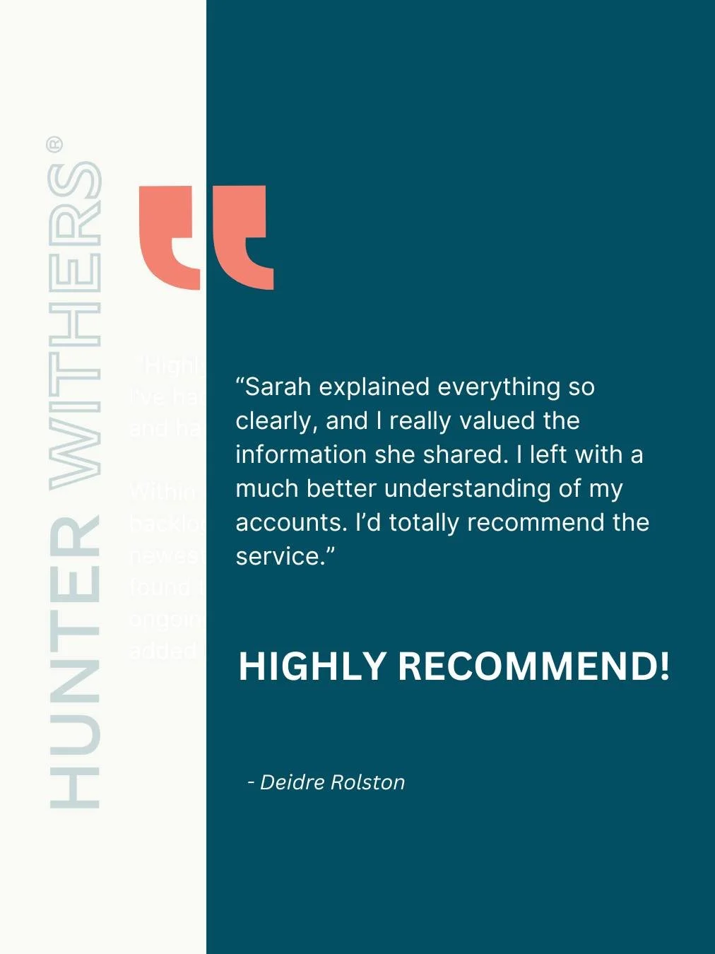 Nothing makes us prouder than hearing our clients feel supported, understood, and in good hands. 

Your feedback reminds us why we love what we do, building trust, solving challenges, and making finances feel less overwhelming.

If you&rsquo;re after