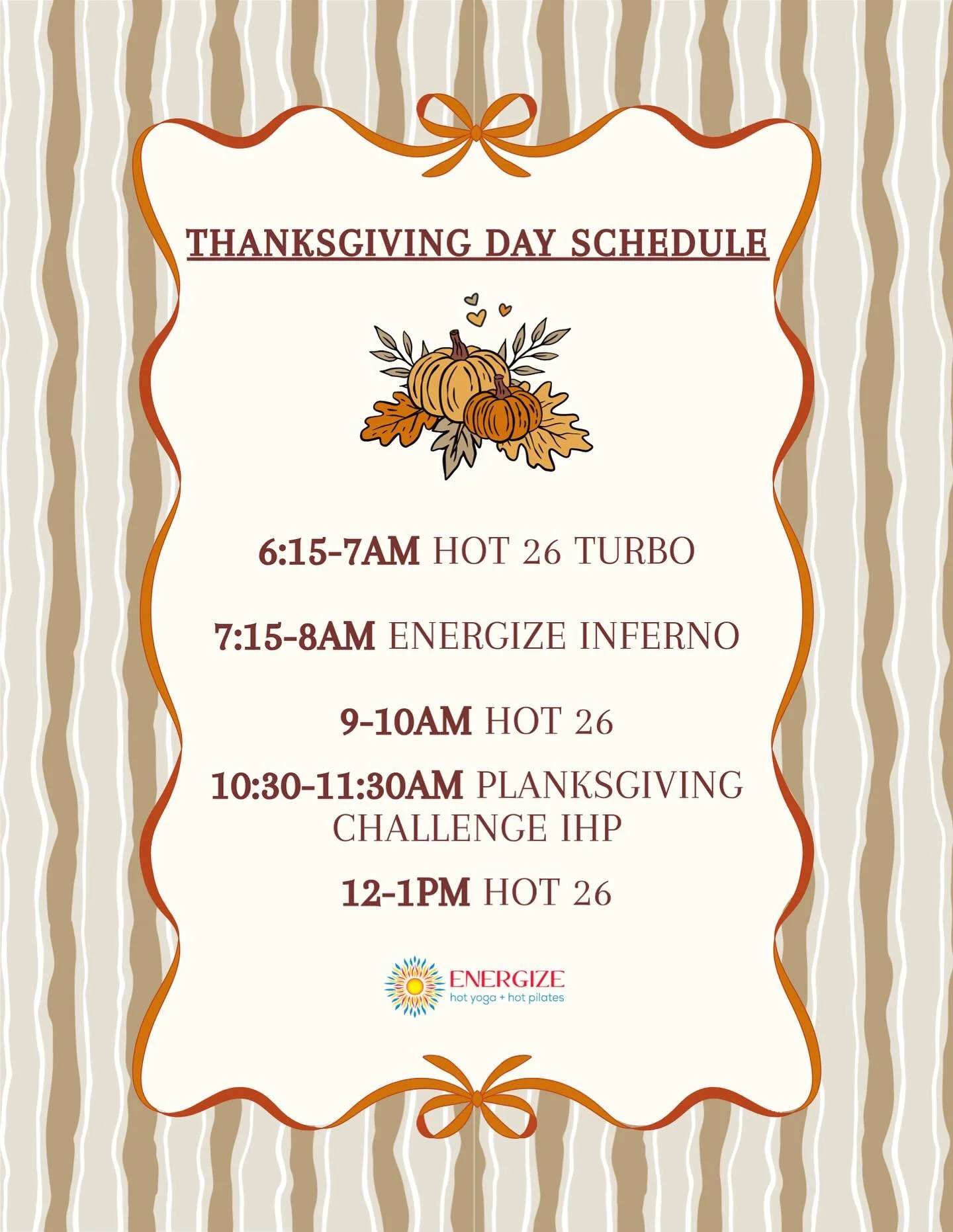 Modified schedule on Thanksgiving 🧡💛🍂🦃 Sign up ahead of time to secure your spot!
&bull;
&bull;
&bull;
&bull;
&bull;
#energize #energizehotyoga #energizehotyogasantarosa #thanksgivingschedule #yoga #infernohotpilates #visitrrsq #santarosayoga #so