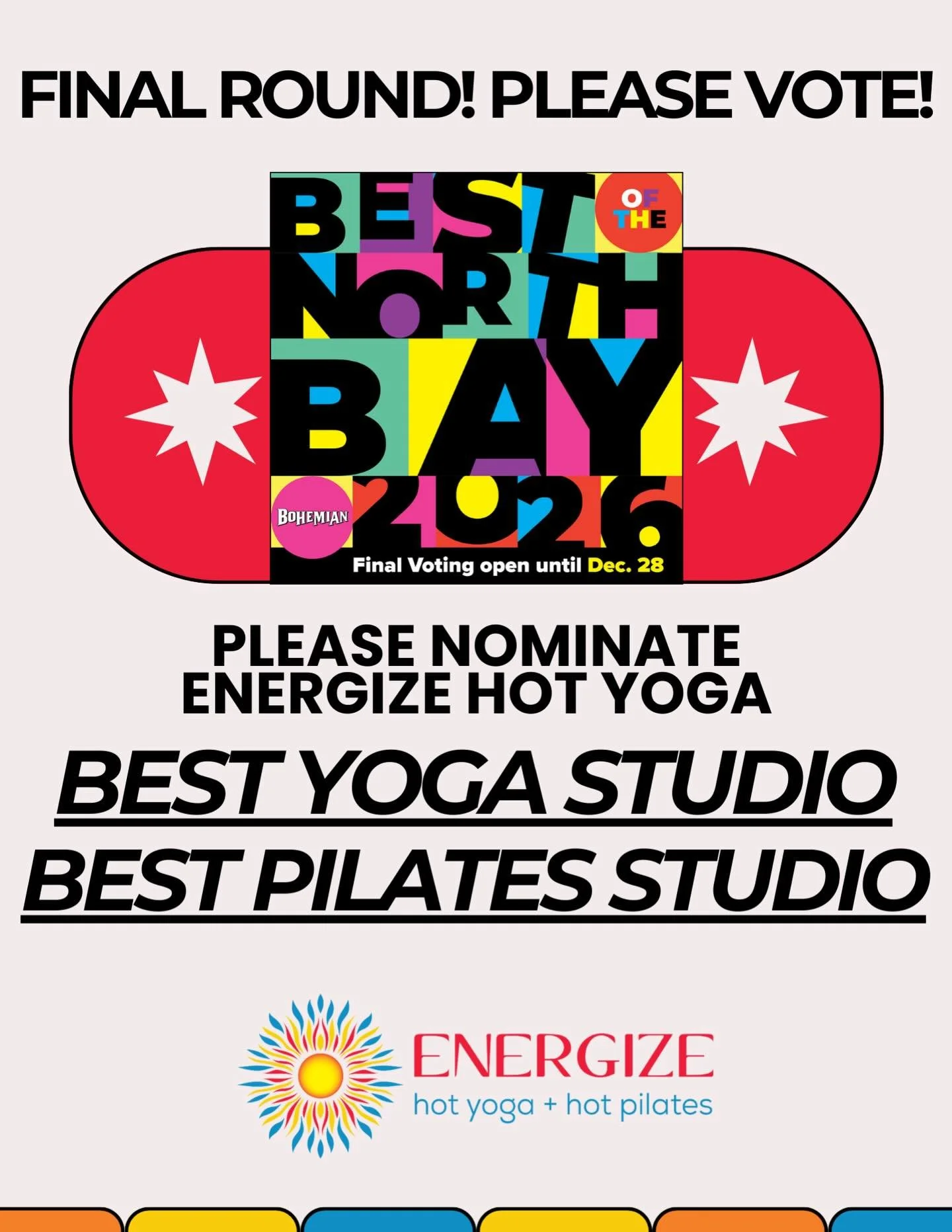 Thank you for nominating us- now let&rsquo;s take home the title! VOTING LINK IS IN OUR BIO! 🙏🏼
As always we appreciate the continued support from our amazing community!
&bull;
&bull;
&bull;
&bull;
&bull;
#energize #energizehotyoga #energizehotyoga