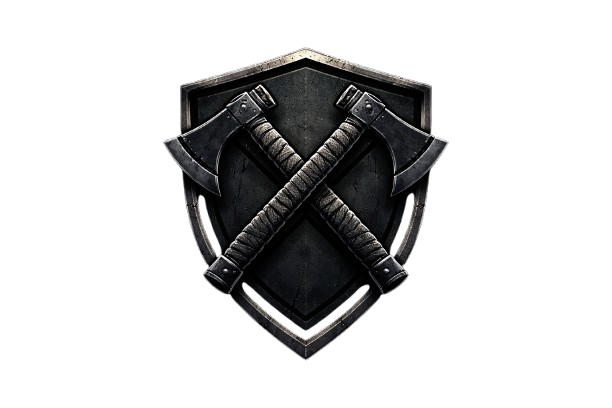 A black shield with two crossed axes on it.