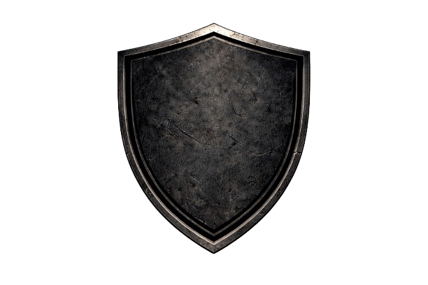 Black and gray shield emblem with a dark textured center and a metallic border.