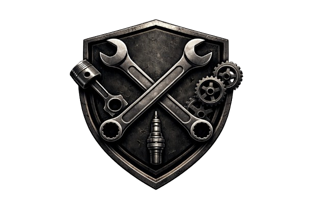 a black shield emblem with crossed wrenches, a spark plug, and gears