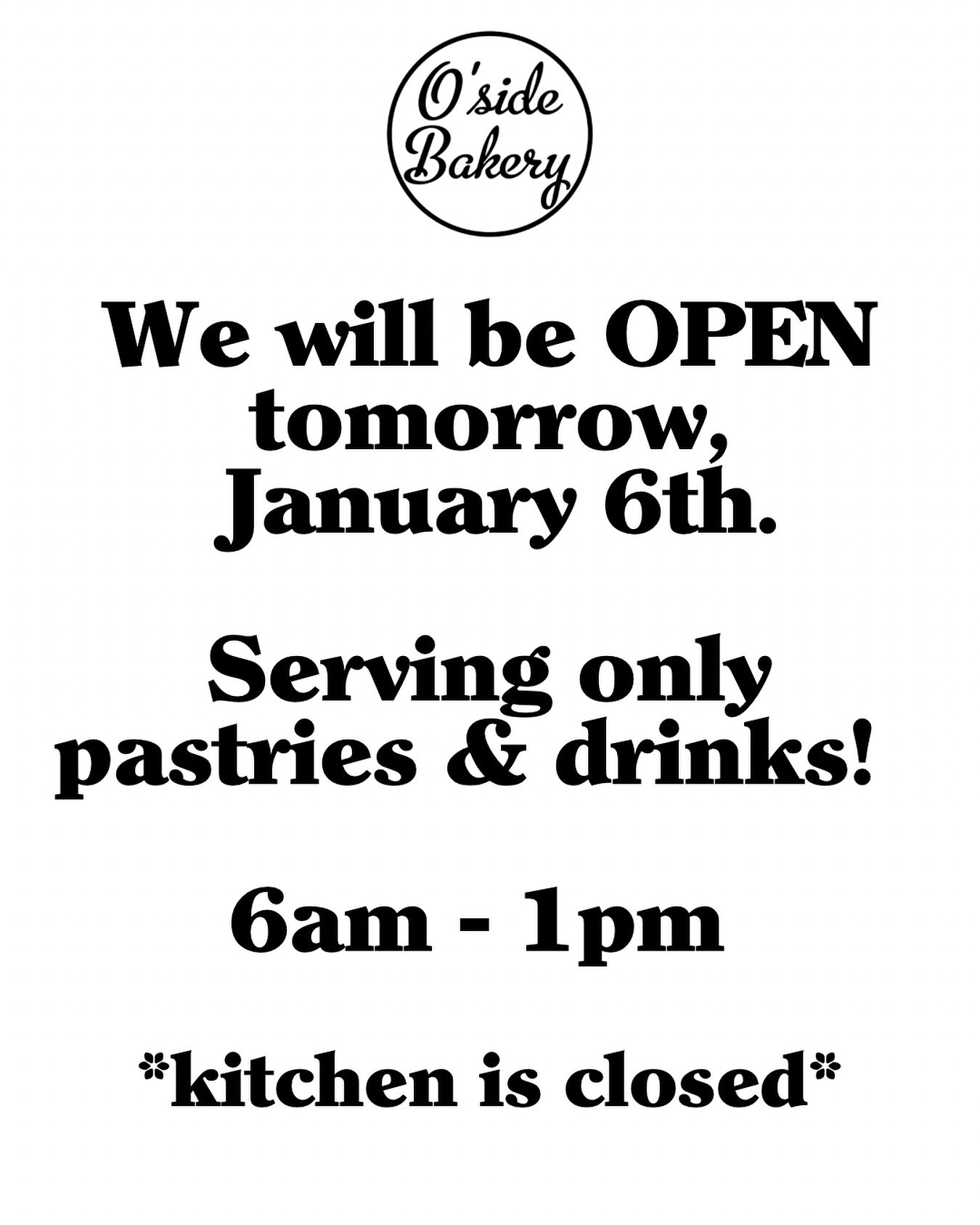 We&rsquo;re OPEN tomorrow (kind of) !!! 🌟 
⏰6am - 1pm

Serving up pastries &amp; drinks for y&rsquo;all☕️🍰

We hope to see you tomorrow &amp; be back to normal business hours &amp; service on Wednesday❤️