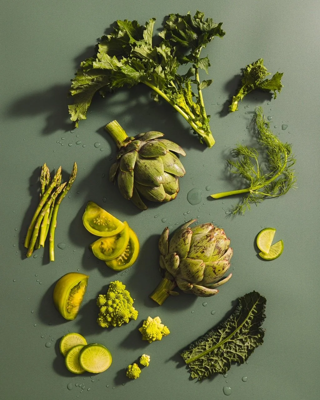 green theme vegetables and background with shadows