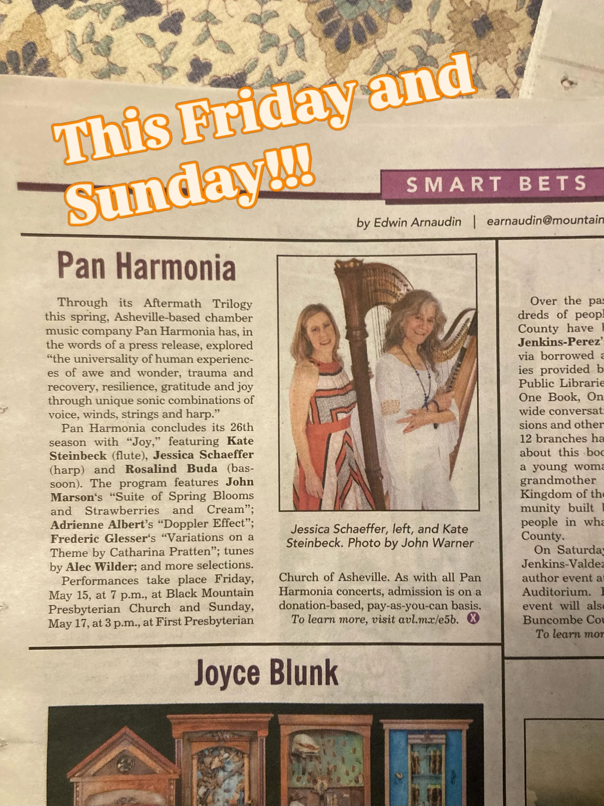 @mountainxpress thinks our final program of the season is a smart bet! Join @pan.harmonia.asheville for fun, lively, original chamber music Friday and Sunday! 

#828isgreat #ashevillemusic #avlharpist #chambermusic #ashevillelocal