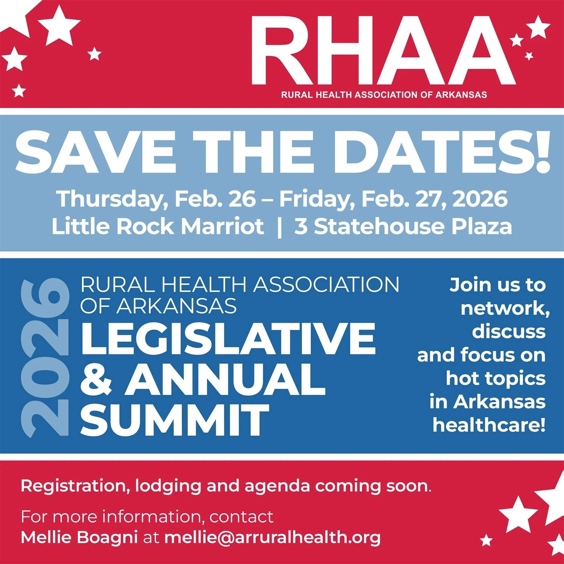 Save the dates for the 2026 Arkansas Rural Health Association Legislative & Annual Summit happening on February 26-27 at the Little Rock Marriott. The event promotes networking, discussing hot topics in Arkansas healthcare, and features registration and agenda details.