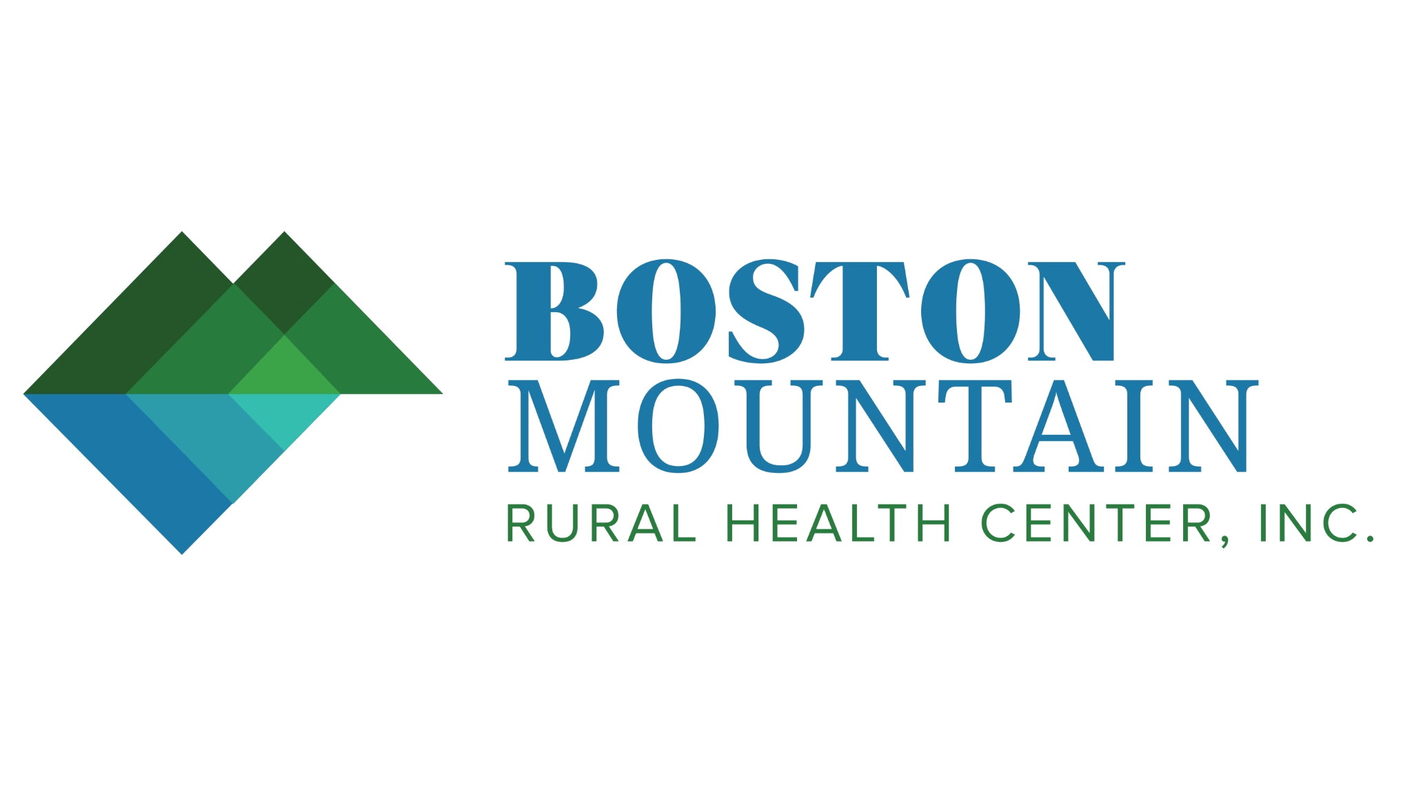 Logo of Boston Mountain Rural Health Center, Inc. featuring a stylized mountain with shades of green and blue, and the organization name in blue and green text.