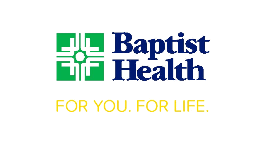 Baptist Health logo with green cross and blue text, and the tagline 'For You. For Life.' in yellow letters.