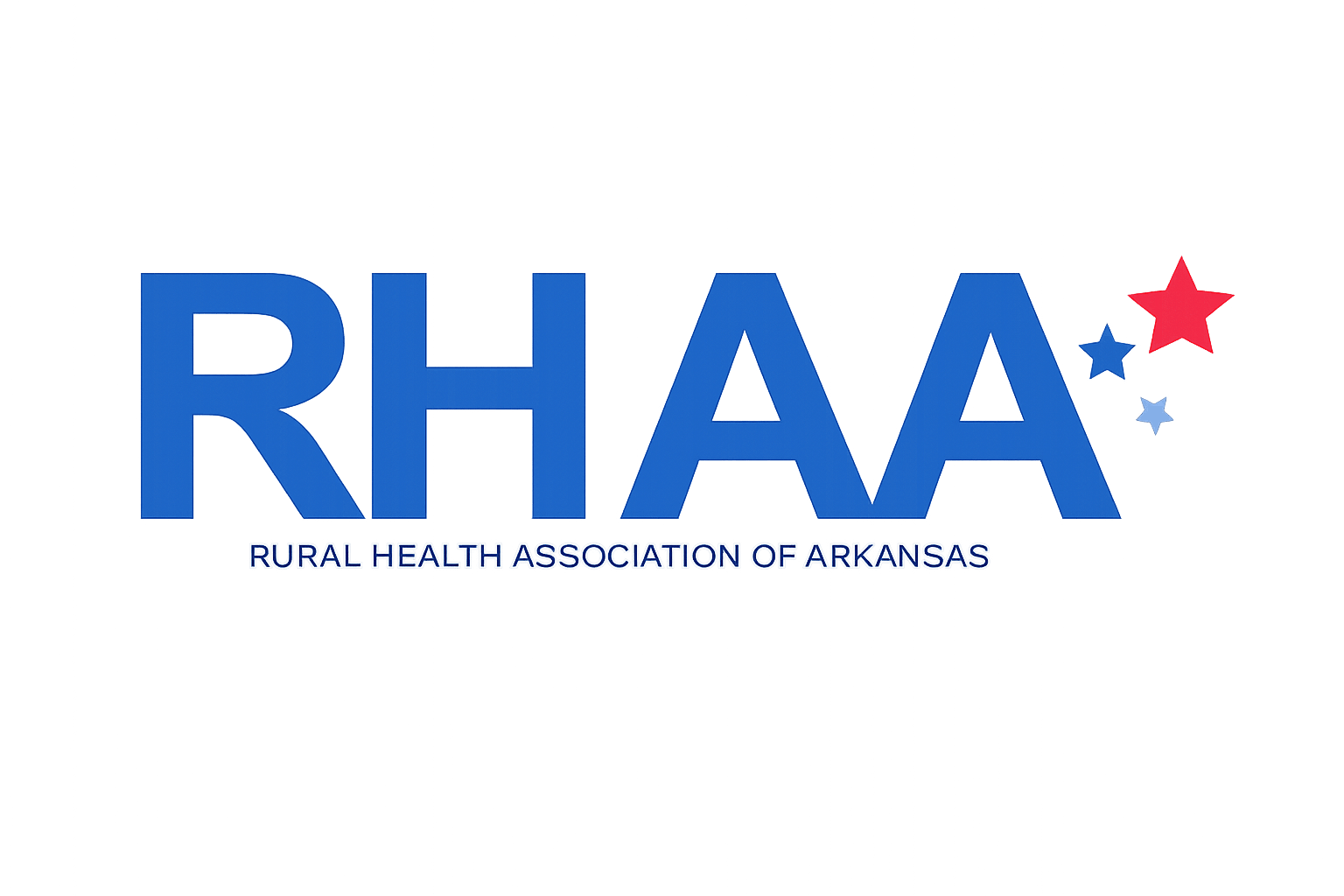 Logo of the Rural Health Association of Arkansas (RHAA) featuring large blue letters 'RHAA' with red, white, and blue stars to the right and the organization name written below.
