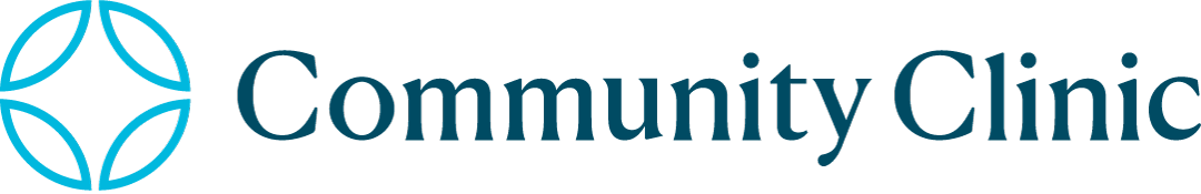 Logo of Community Clinic featuring a blue circular symbol with interconnected curves and the words 'Community Clinic' in dark blue text.