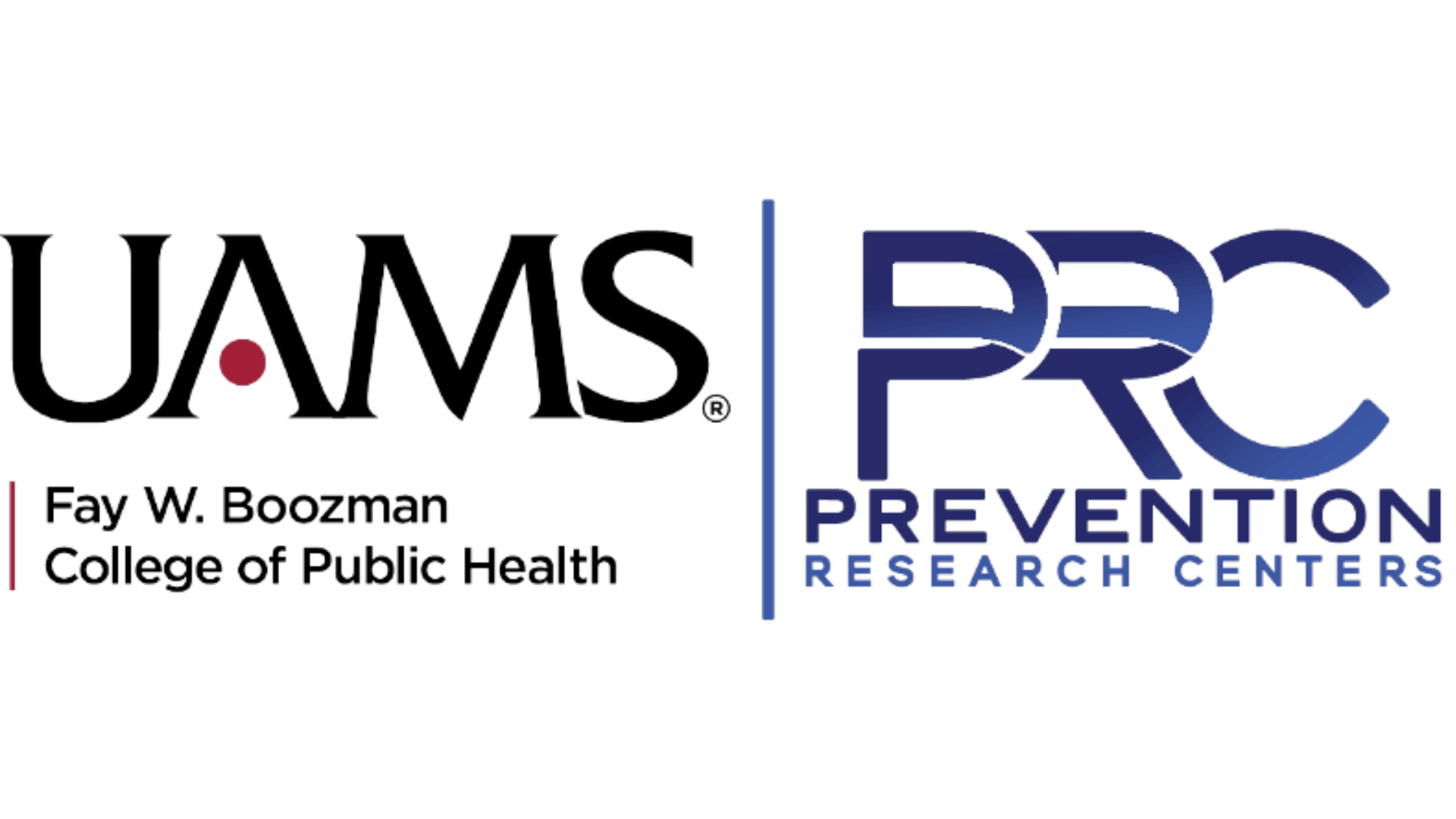 Logo with the text 'UAMS Fay W. Boozman College of Public Health' on the left and the logo of PREVENTION RESEARCH CENTERS on the right.