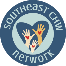 Southeast CHW Network logo featuring three hands of different skin tones inside a heart surrounded by a circular band with the organization's name.