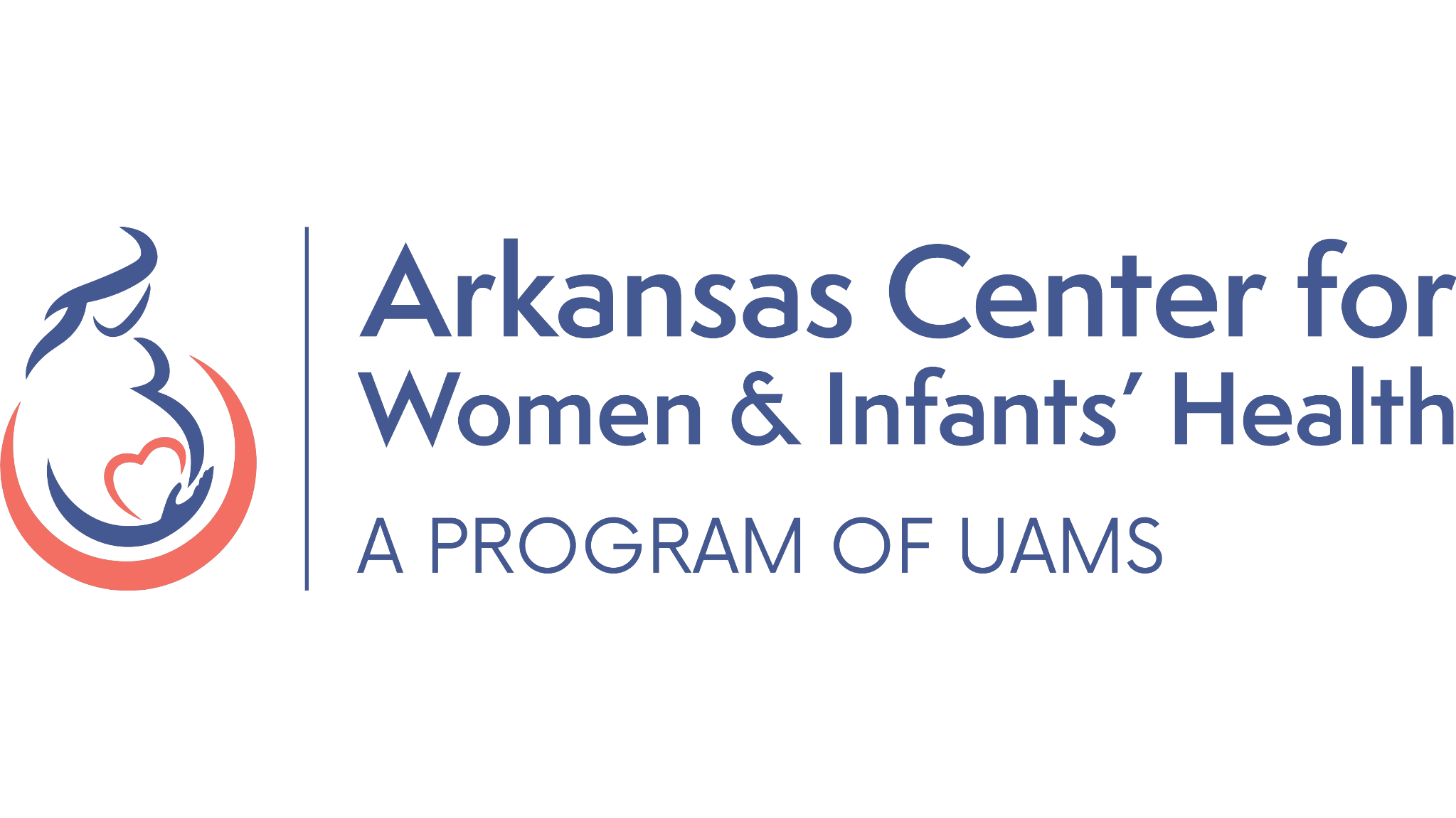Logo of Arkansas Center for Women & Infants' Health, featuring a stylized pregnant woman with a heart, and text indicating it is a program of UAMS.
