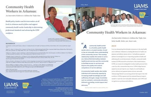 Poster titled 'Community Health Workers in Arkansas' with images of people at a presentation and infographic elements.