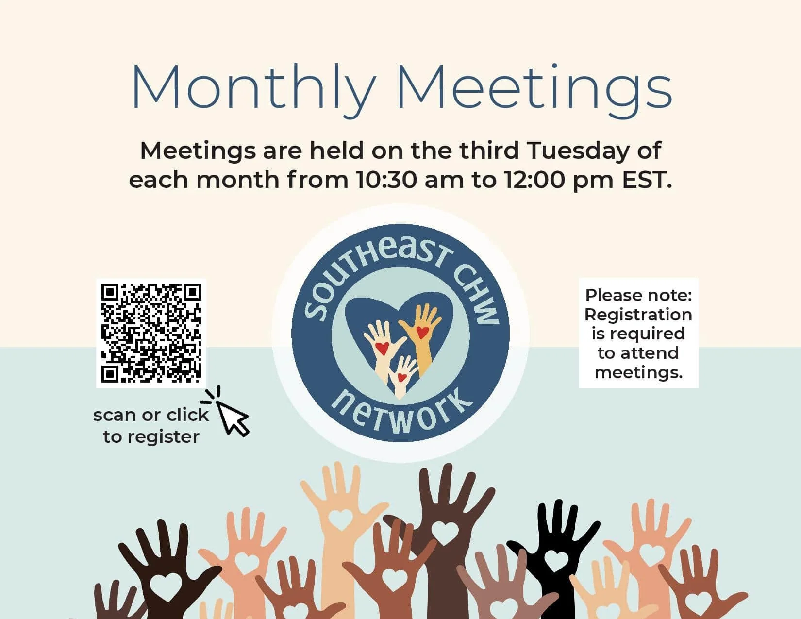 Flyer for Southeast CWN Network with information about monthly meetings, QR code for registration, and illustration of diverse raised hands with hearts on palms.
