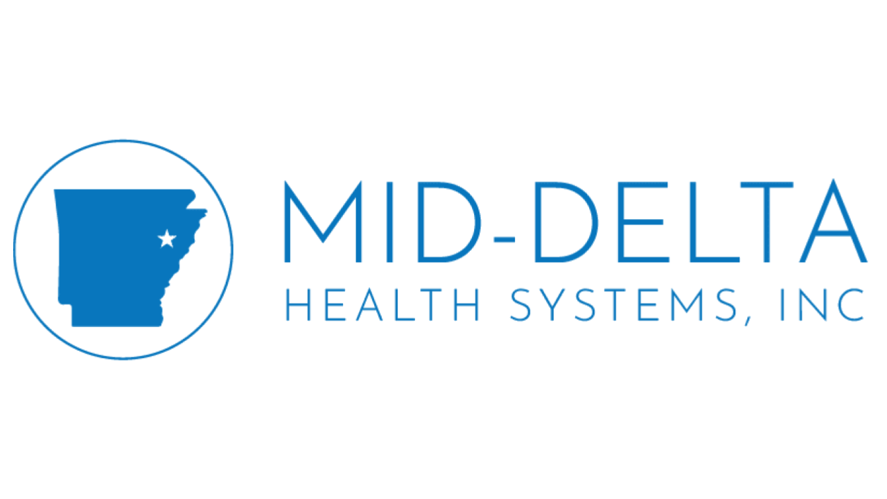 Logo of Mid-Delta Health Systems, Inc., featuring a blue outline of Arkansas with a star marking a location, and the company's name in blue text.