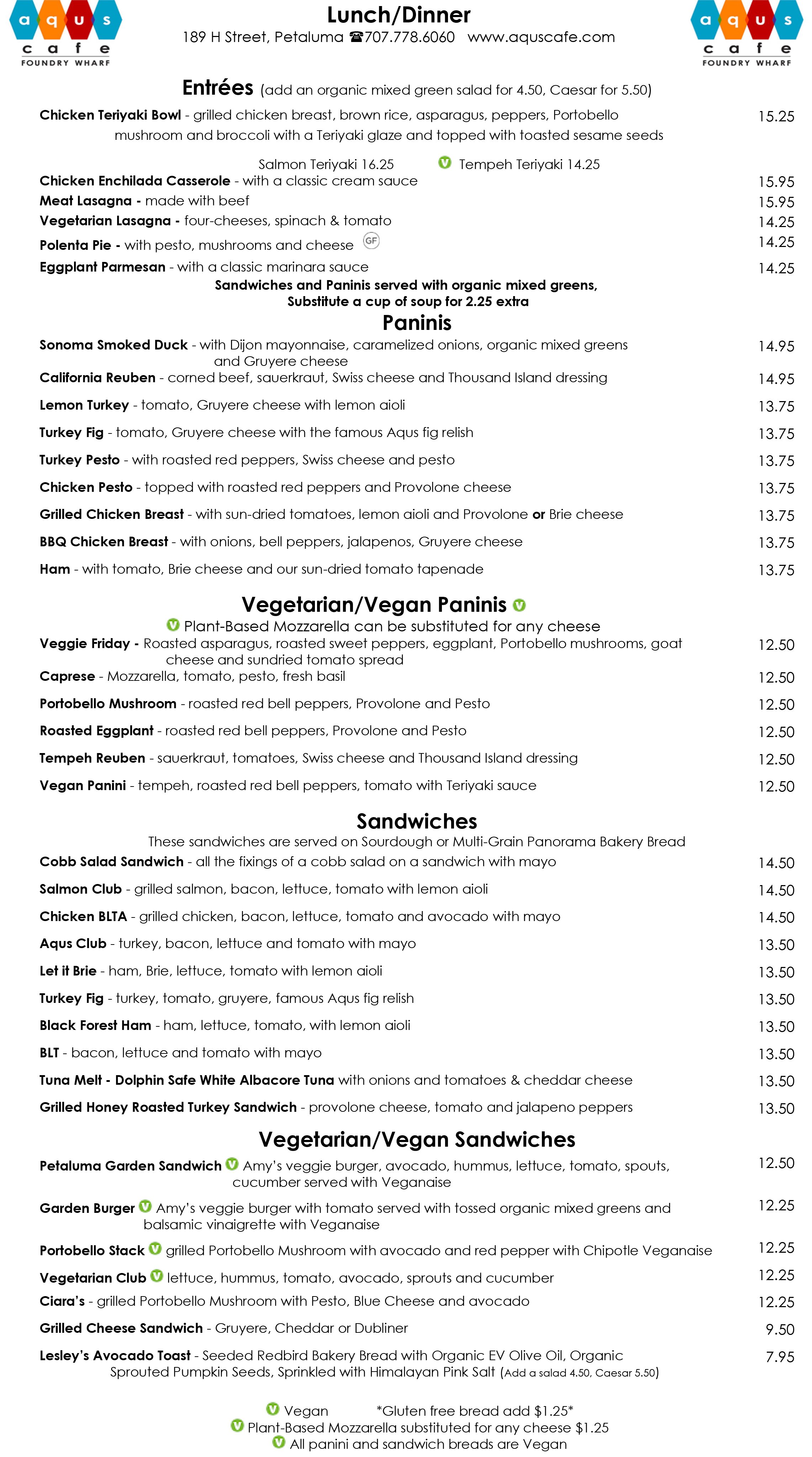 Lunch/Dinner Menu — Aqus Cafe Foundry Wharf