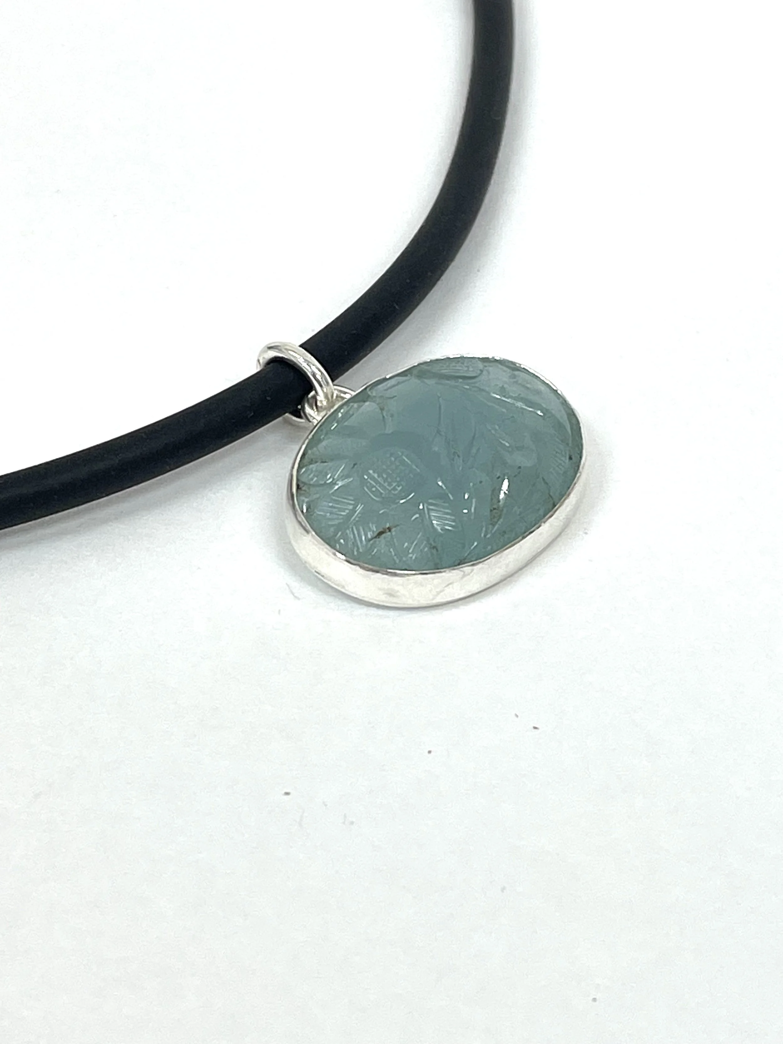 Reversible Carved Aquamarine Pendant - Sterling Silver on Neoprene Cord