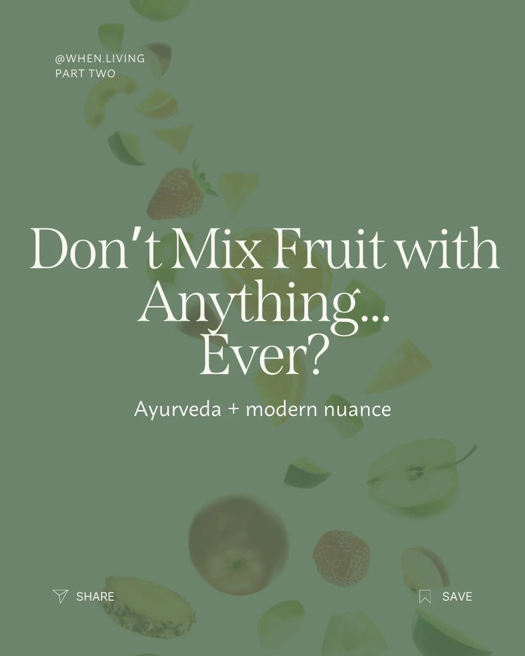 According to Ayurveda, can you ever mix fruit with other foods? 🤔

The real question isn&rsquo;t, &ldquo;Is this allowed?&rdquo;
It&rsquo;s &ldquo;How does my body respond?&rdquo;

Some people digest fruit smoothies or warmed, spiced fruits with eas