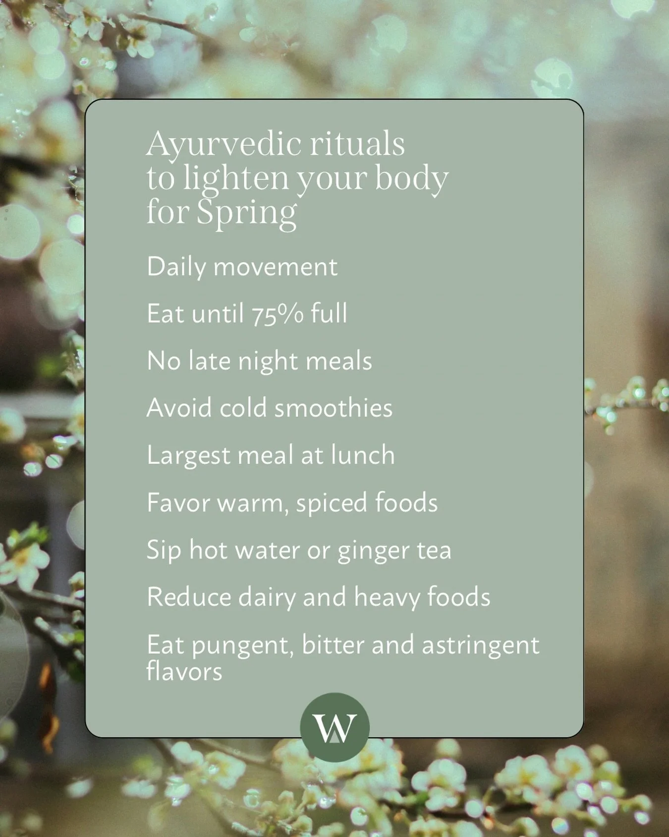 Lighten the body as you transition into the warmer months 🌿 Release the stagnation and heaviness of Kapha and step into a lighter, more energized season of life. 

These simple, grounding practices help clear stagnation, awaken your energy, and brin