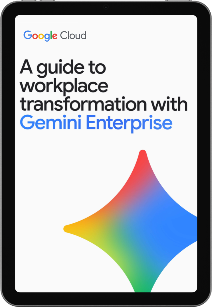 Cover page of a guide titled 'A guide to workplace transformation with Gemini Enterprise' by Google Cloud, featuring a colorful abstract shape.