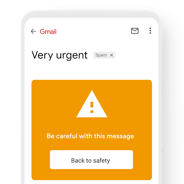 Mobile phone with Gmail app open displaying warning about a potentially dangerous email