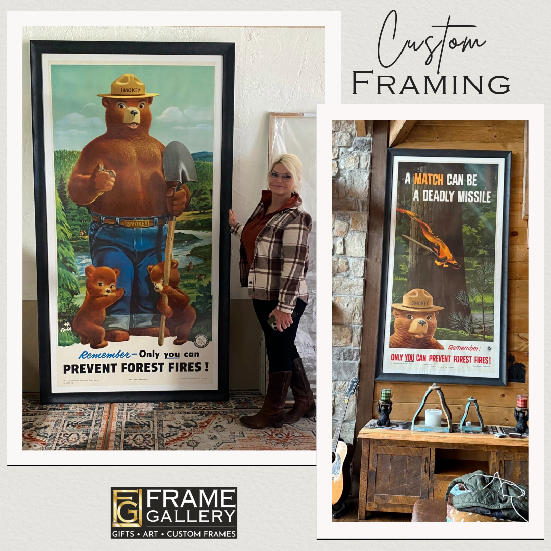 This Favorite Frame was one of our largest custom framing projects yet! These two vintage Smokey Bear prints on linen pair beautifully with the smoky tones of the bold, black frames. We topped them off with  conservation/non-glare acrylic that offers