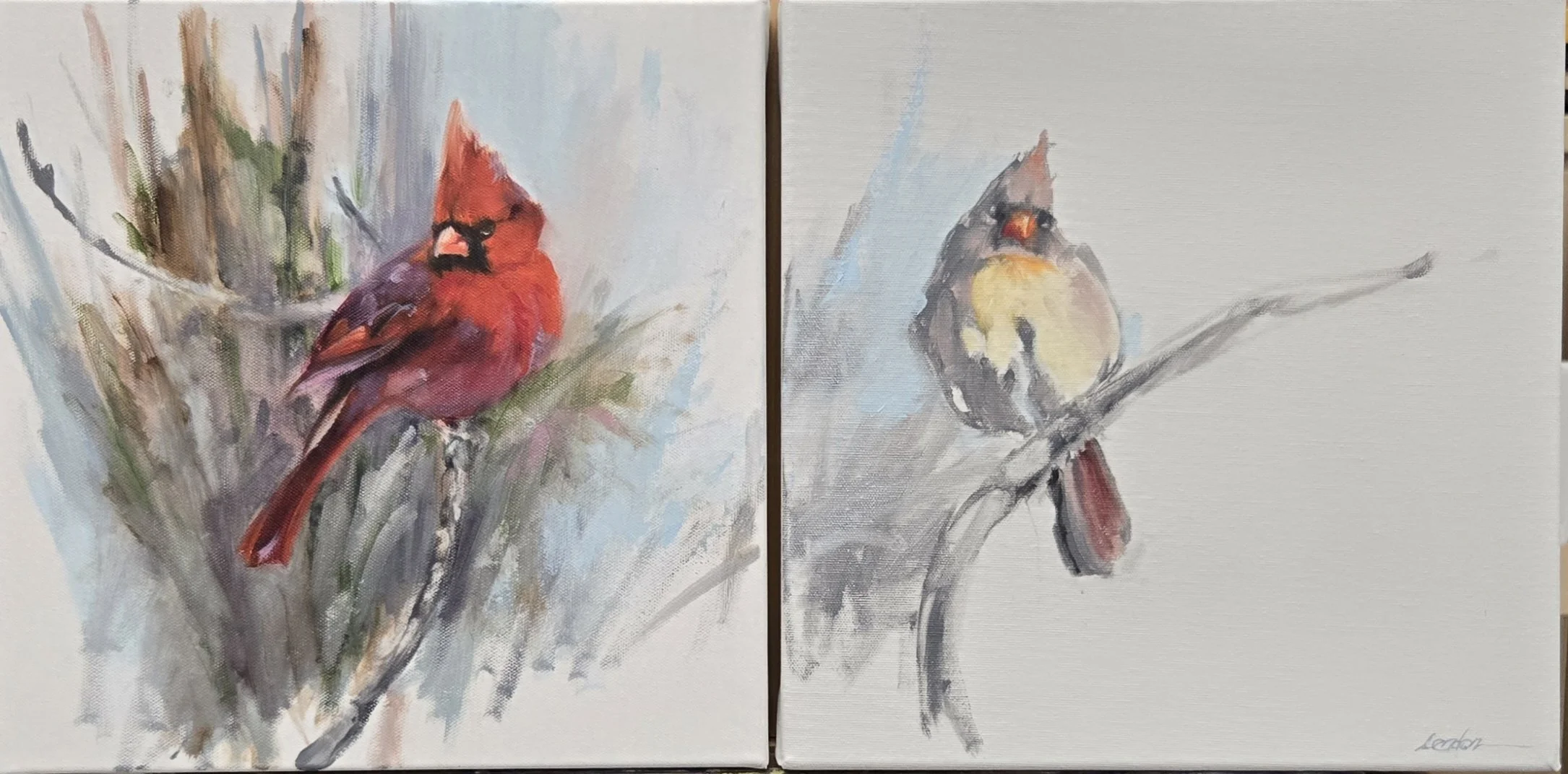 "Patiently to Trust our Heaviness," two oil on canvas, each 12" x 12"