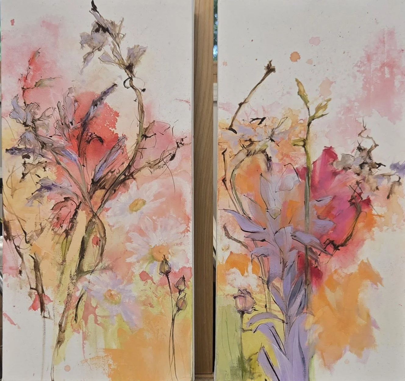 "What Birds Plunge Through," two oil and acrylic on canvas, each 10” x 20”