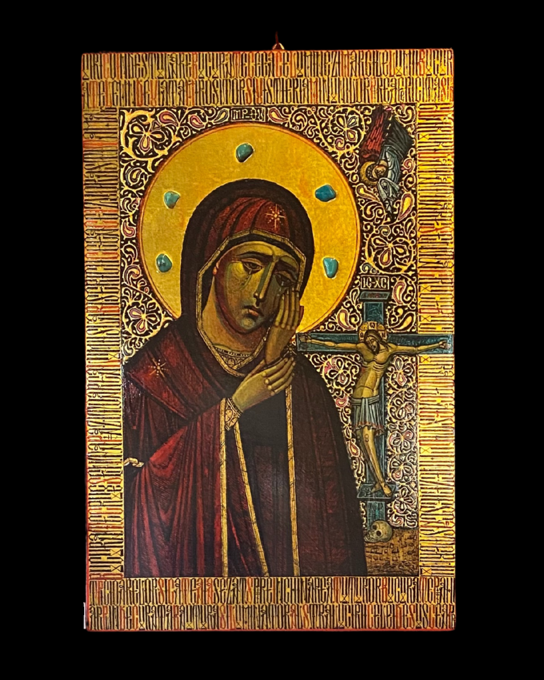 Virgin Mary Crying 
Lindenwood, natural pigments, gold leaf, and semi-precious stones  
8 ¼" x 12 ¾" 
$2,200