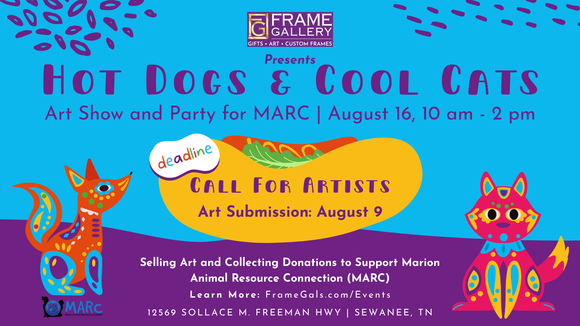 Call for Artists: Hot Dogs and Cool Cats Art Show Benefits Homeless Animals at Frame Gallery on August 16