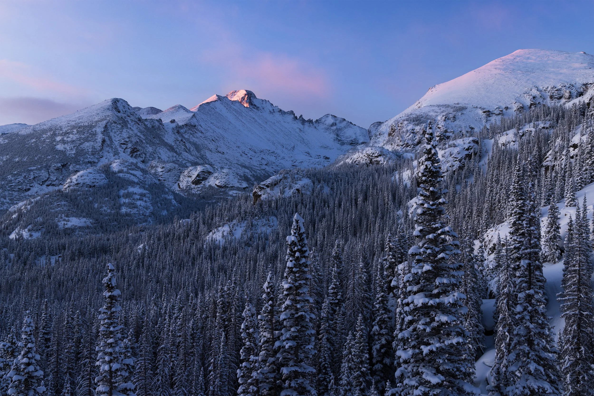 Snow-covered mountains and evergreen trees in a winter landscape at dusk or dawn.
