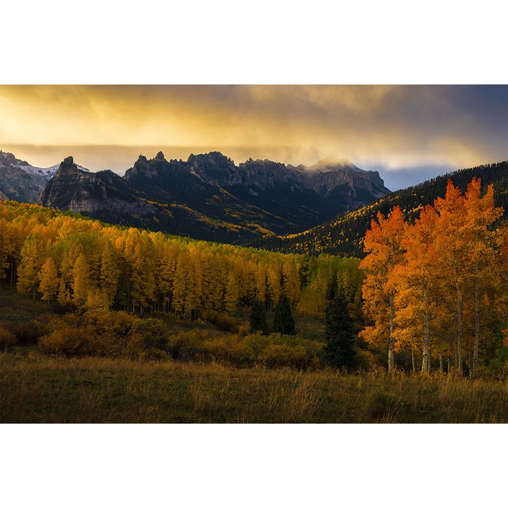 A warm beam of sunrise light illuminates Pinnacle Ridge in the Cimarron Range above a valley of peak-season golden and orange aspens near Silver Jack Reservoir in Colorado.