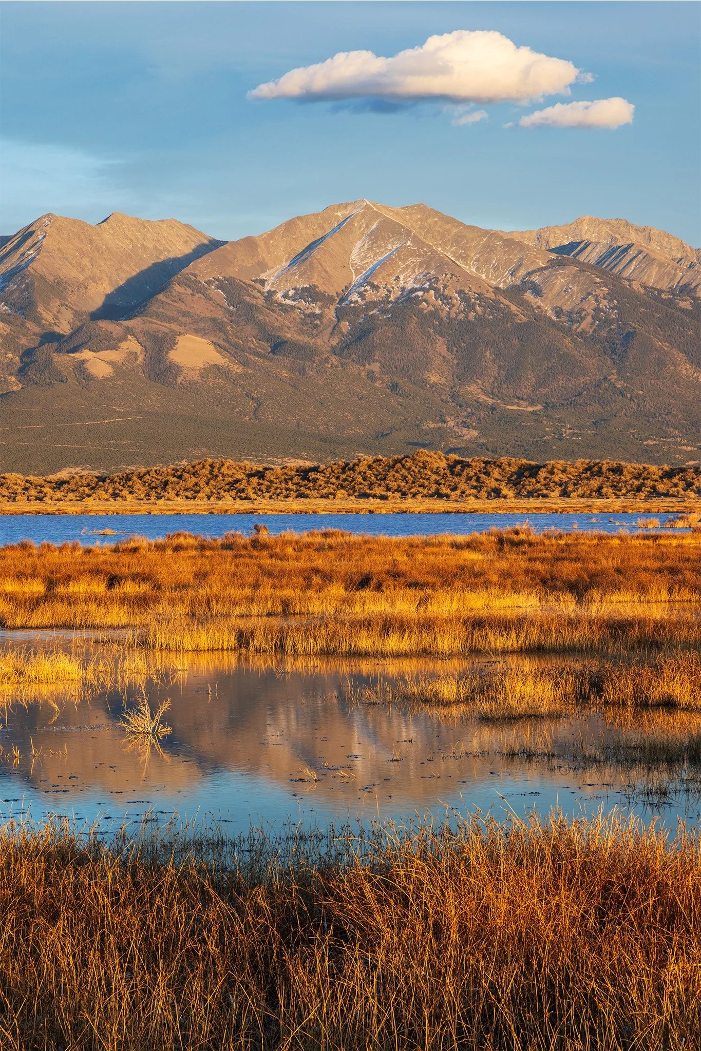 Evening light on the Sangre de Cristo Mountains reflected in a wetland at San Luis Lake, Alamosa County, Colorado.