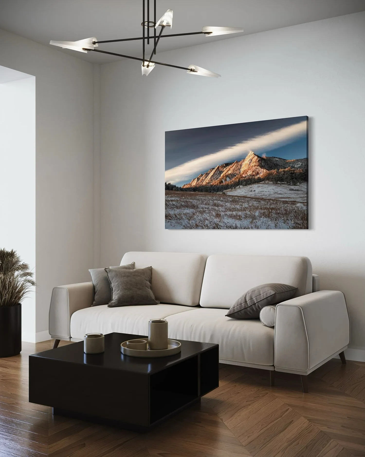 Fine art photography print of the Flatirons displayed in a living room