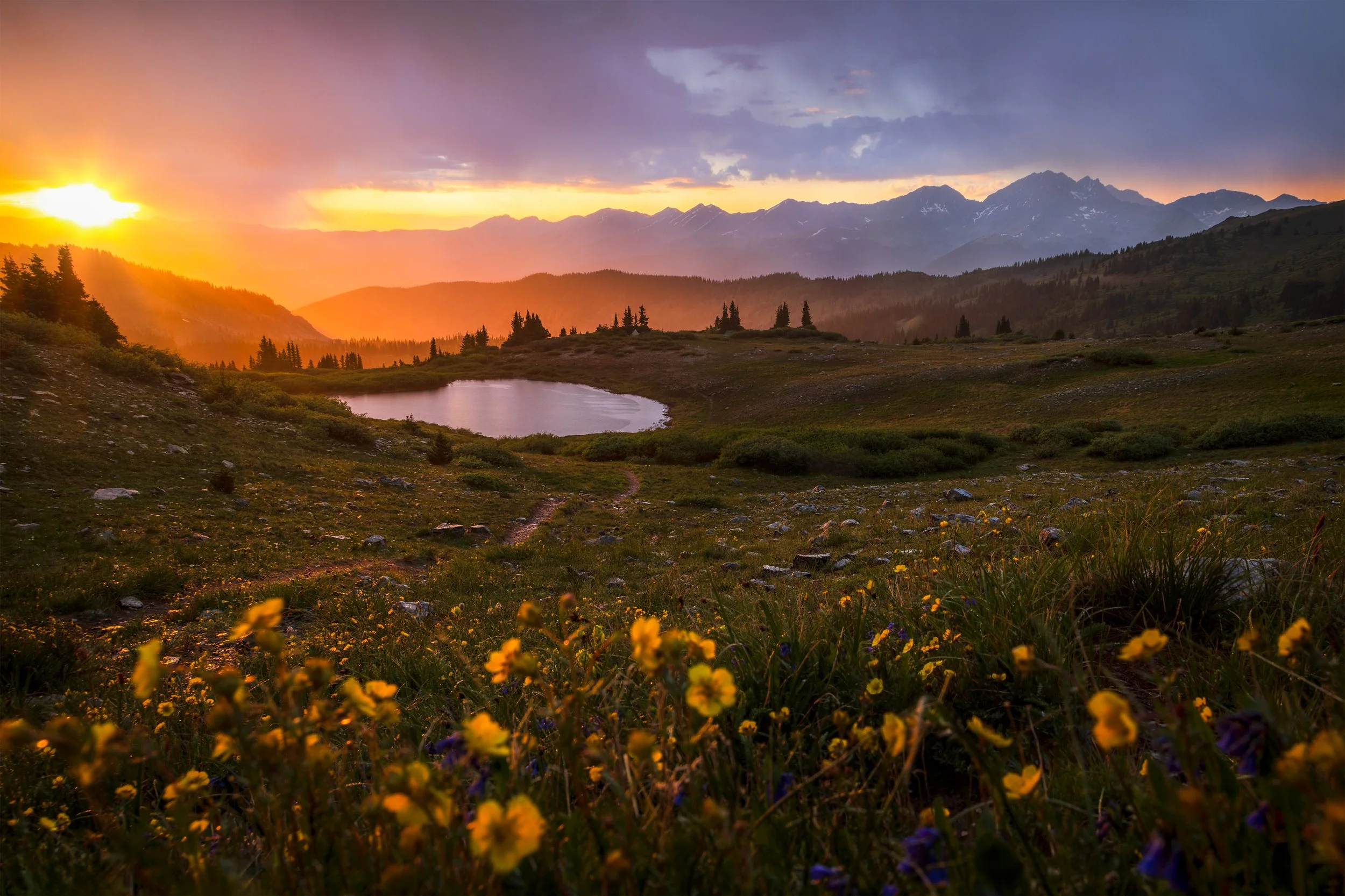 Sunset over a mountain landscape with a small pond in the foreground, wildflowers, and snow-capped peaks in the distance.