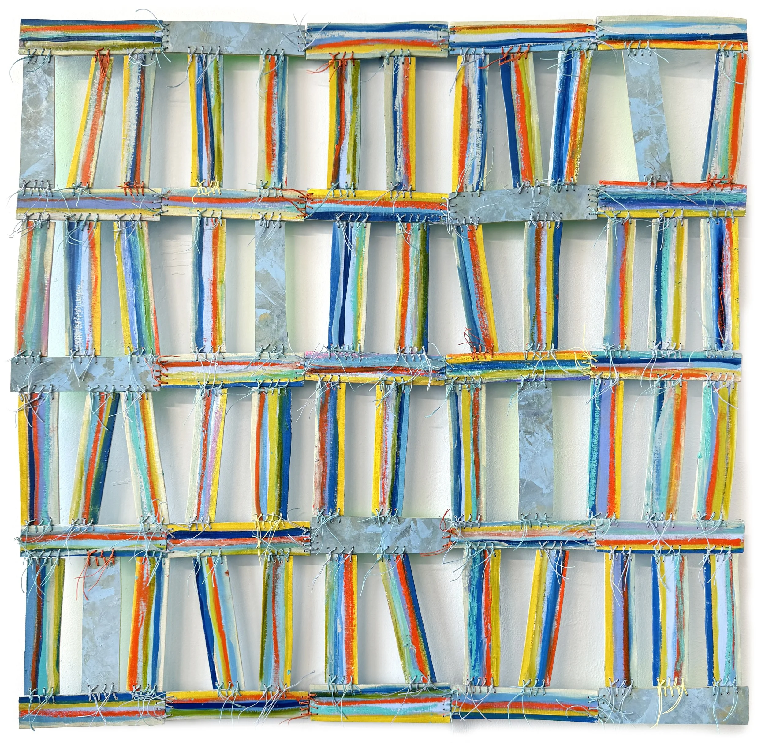 Mnemonic Rhythm
30" x 30"
wood, oil paint, fluorescent paint, waxed linen thread