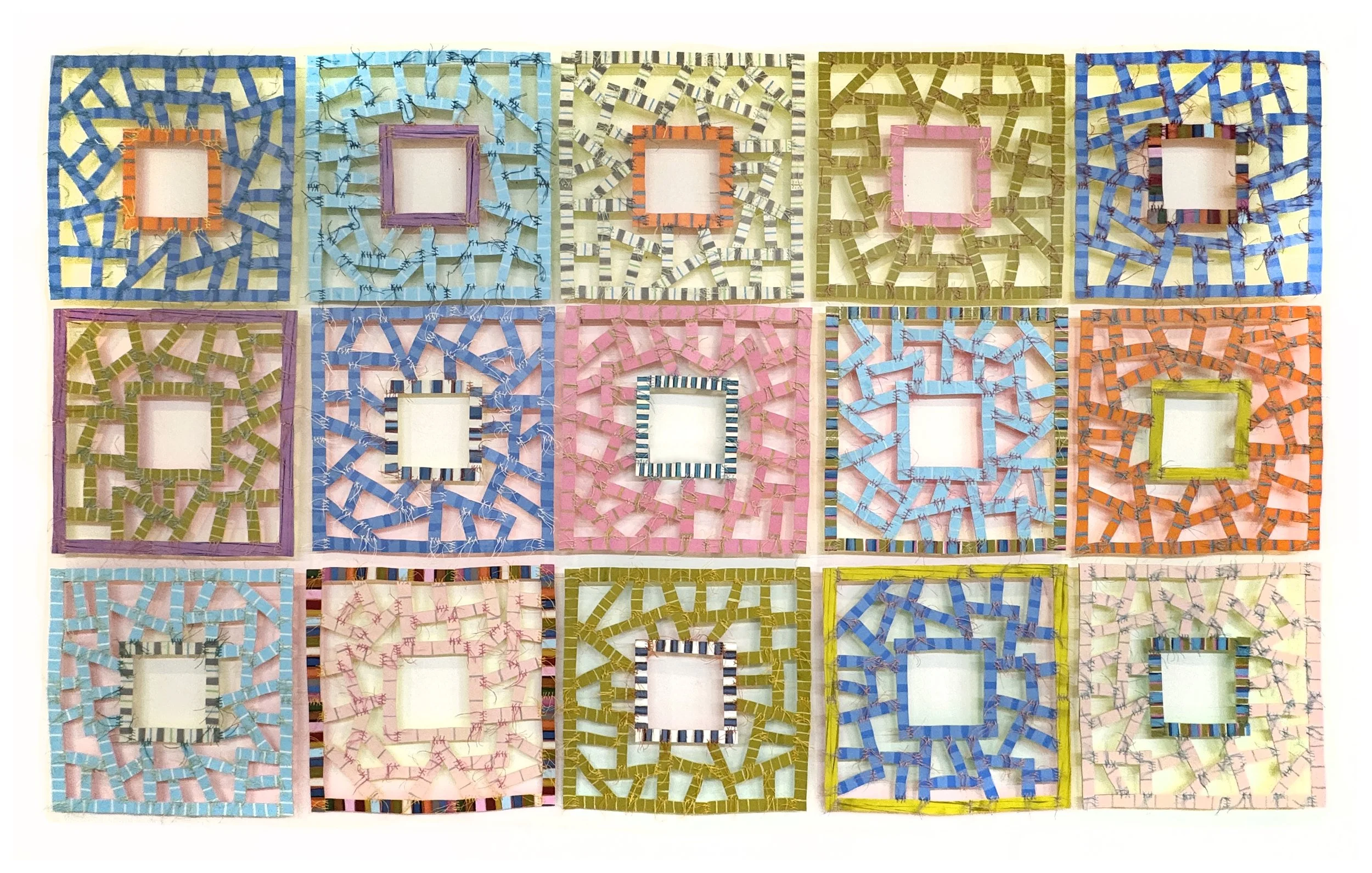 Granny Squares Grid
68" x 115"
wood, oil paint, fluorescent paint, waxed linen thread