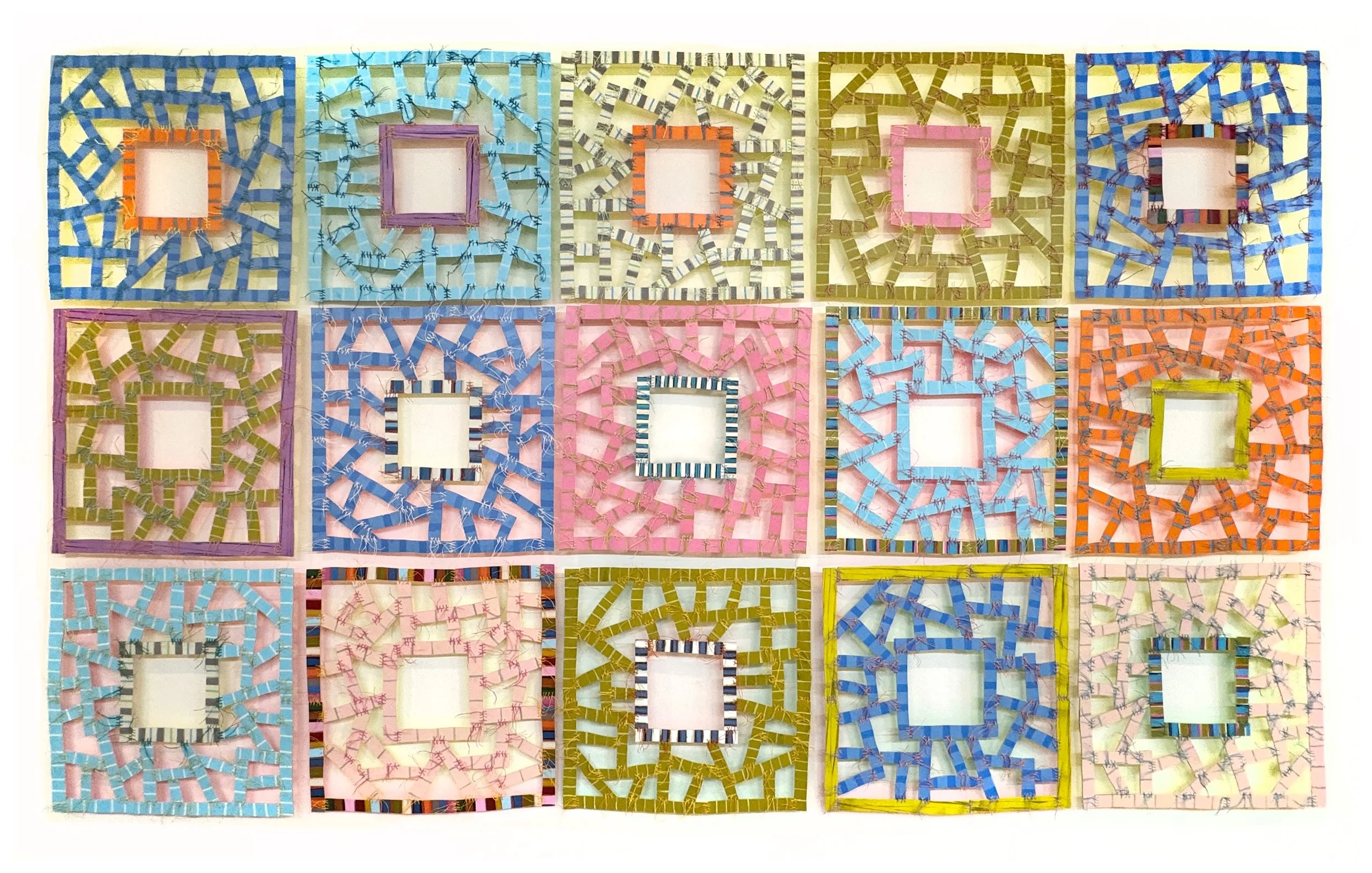 Granny Square Grid - 68&rdquo; x 115&rdquo;. 

Granny Square Grid references both the structure and the history of the crocheted granny square. Traditionally worked with yarn outward from a central opening, and joined with other squares to form a lar
