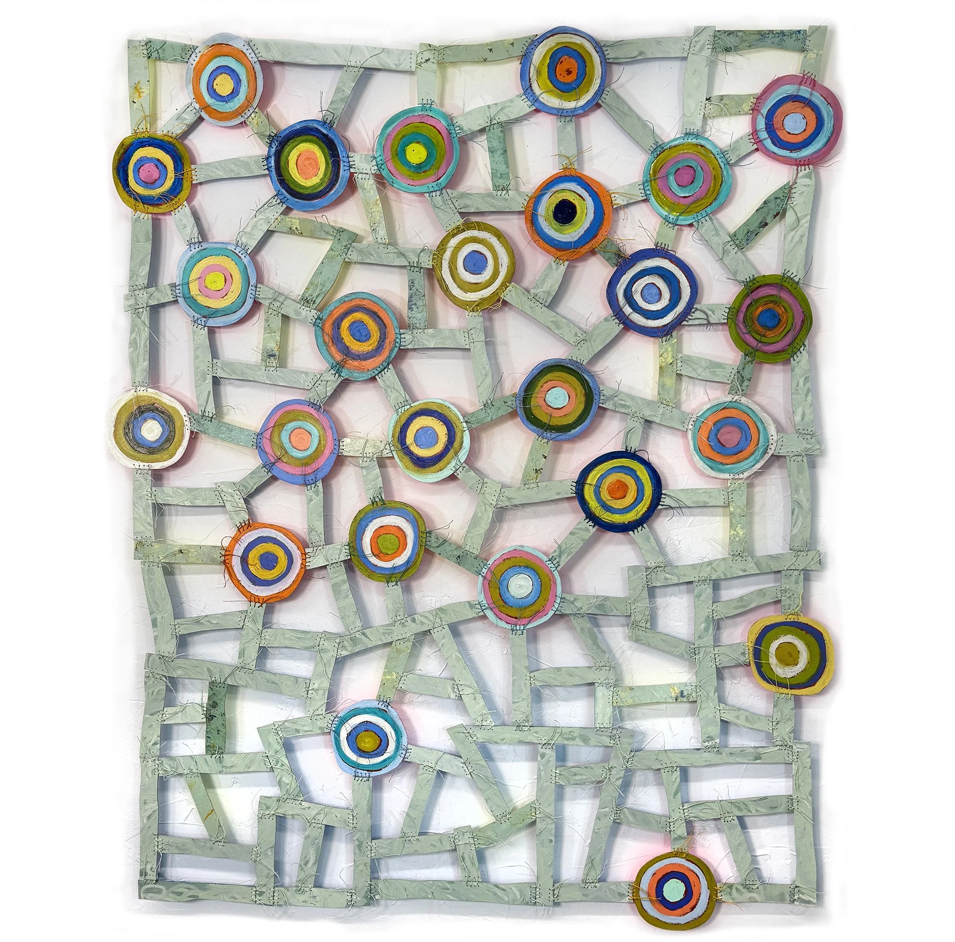 Bop
60" x 52"
wood, oil paint, fluorescent paint, waxed linen thread - Private Collection