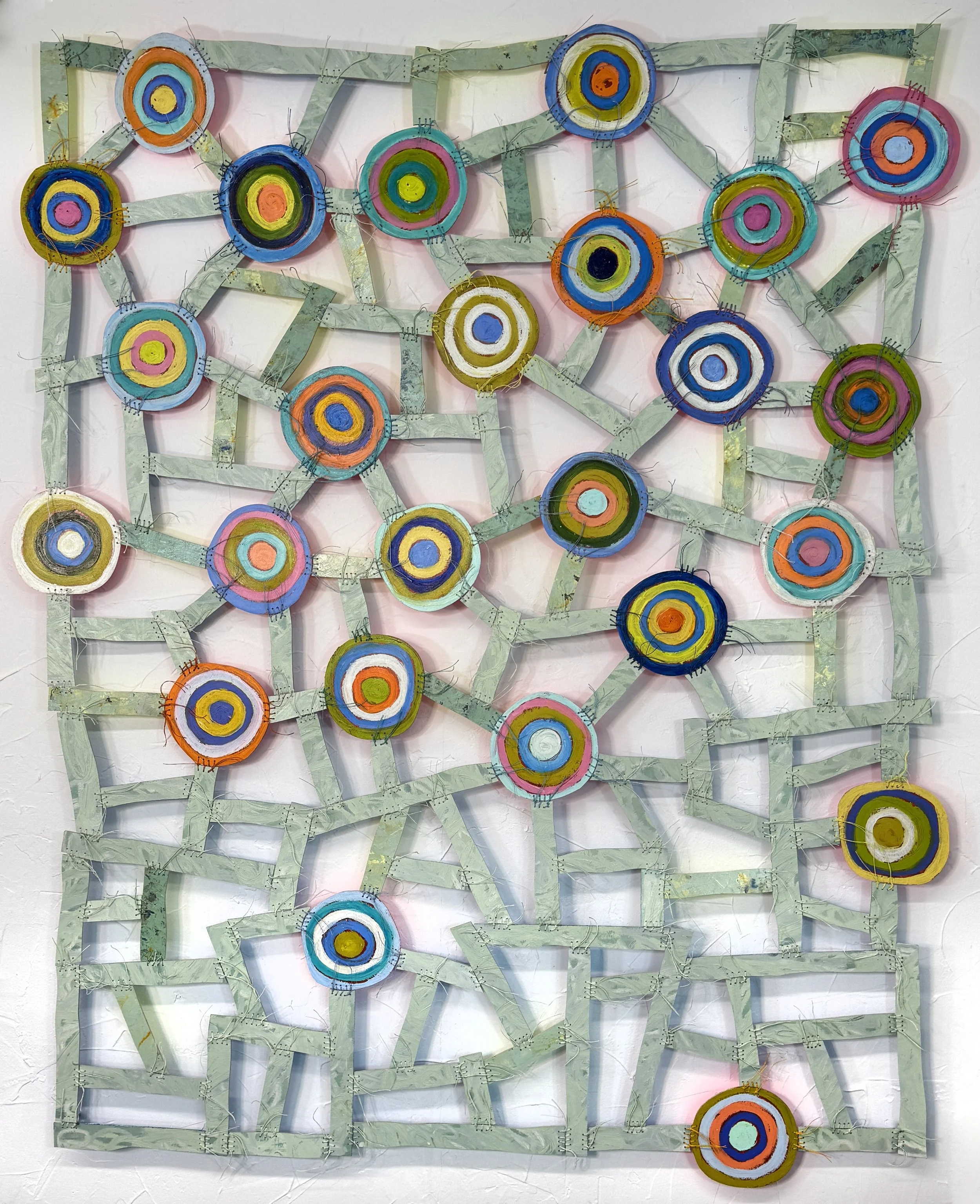 Bop
60" x 52"
wood, oil paint, fluorescent paint, waxed linen thread - Private Collection