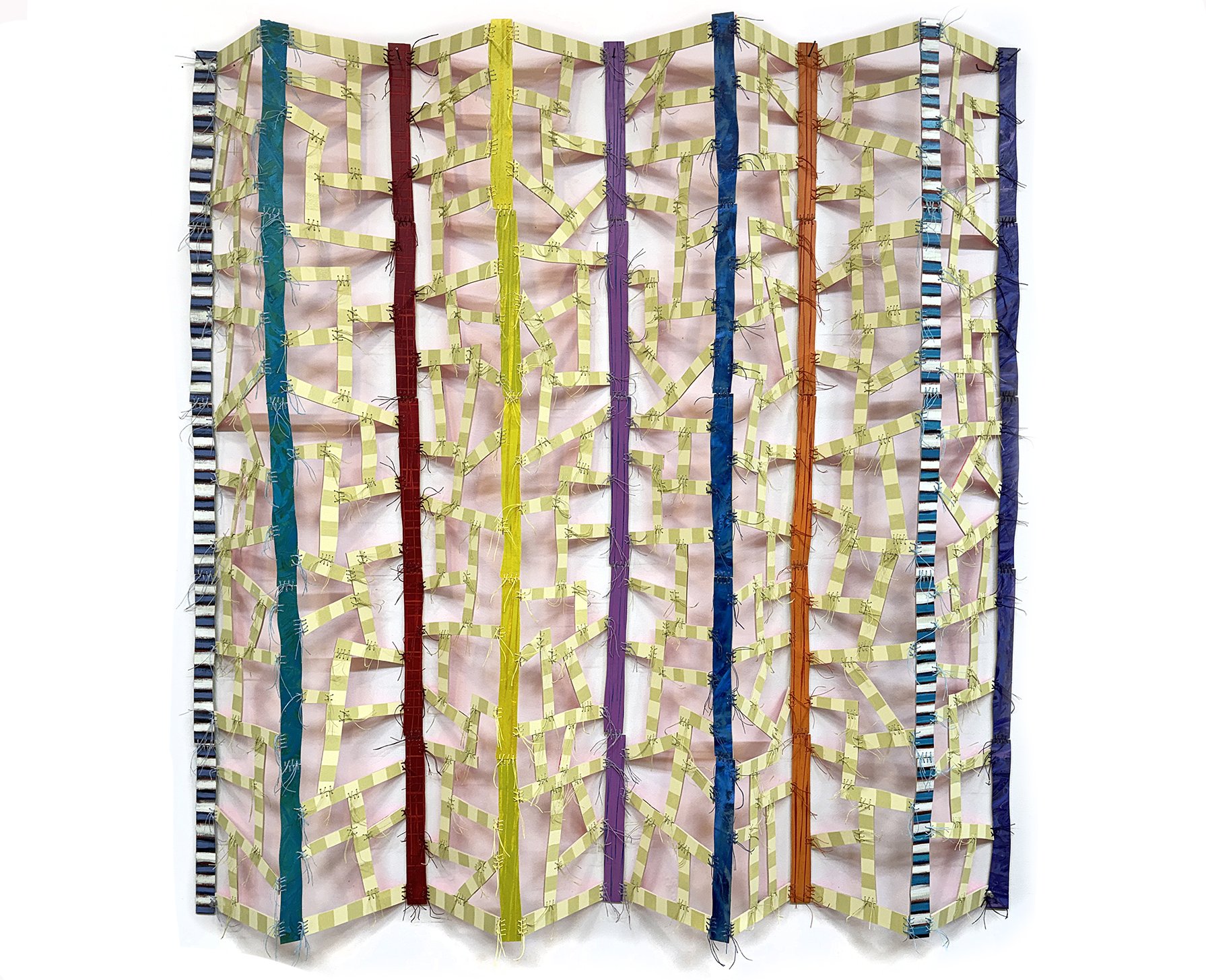 Curtain Call
60" x 58" x 6"
wood, oil, acrylic, and fluorescent paint, waxed linen thread