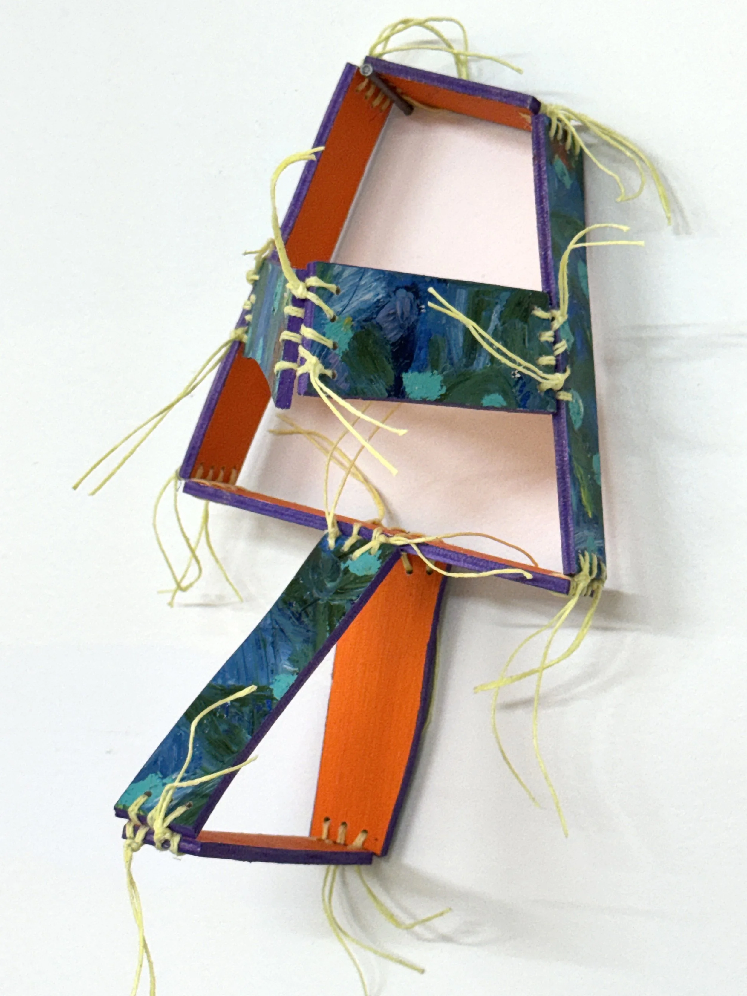 GG#6
9" x 4.5" x 5"
wood, oil paint, fluorescent paint, waxed linen thread