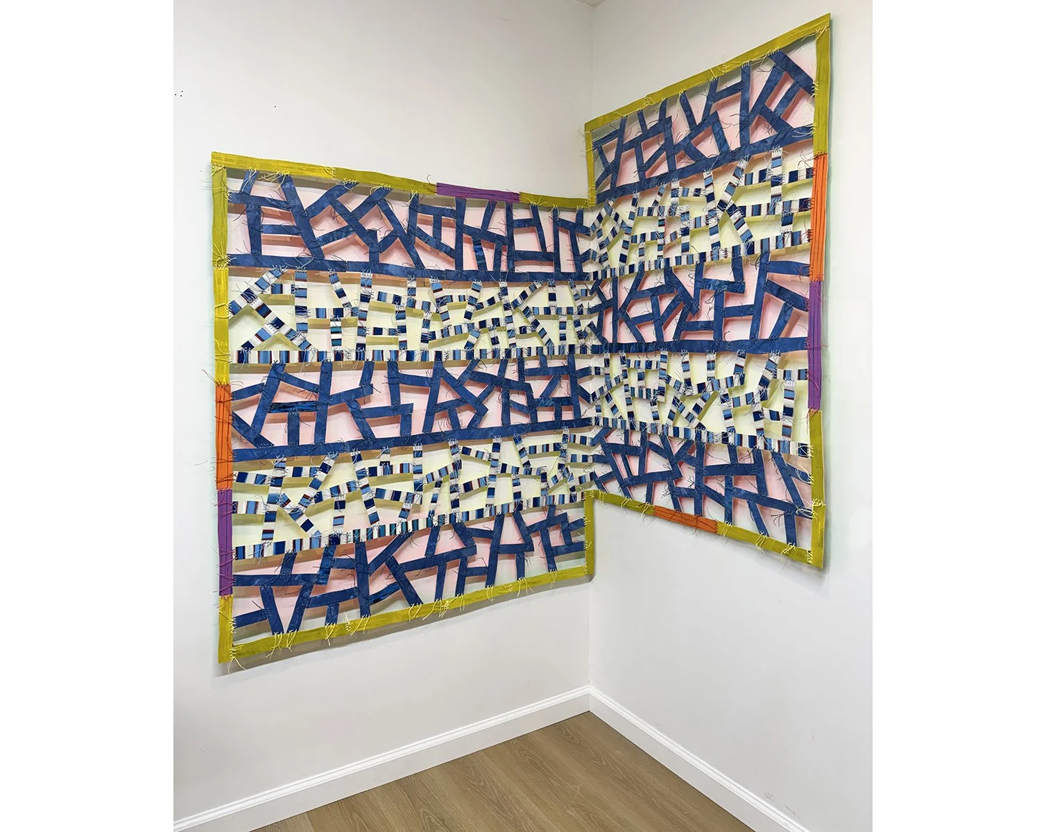 Cornered
62.5" x 82"
wood, oil, acrylic, and fluorescent paint, waxed linen thread