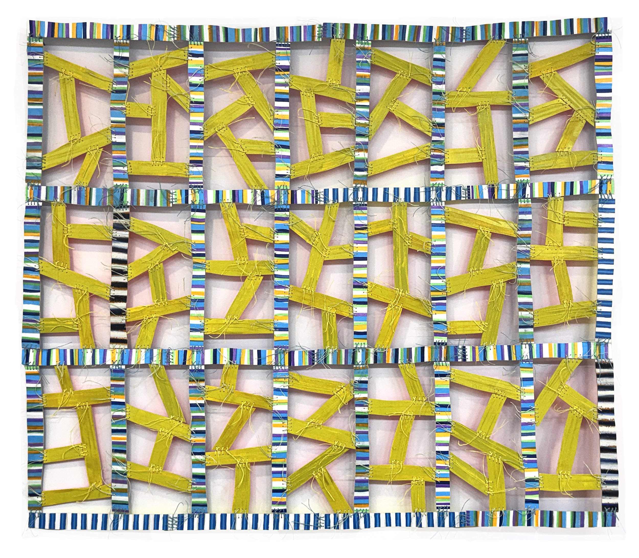 Cipher
41" x 48"
wood, oil, acrylic, and fluorescent paint, waxed linen thread