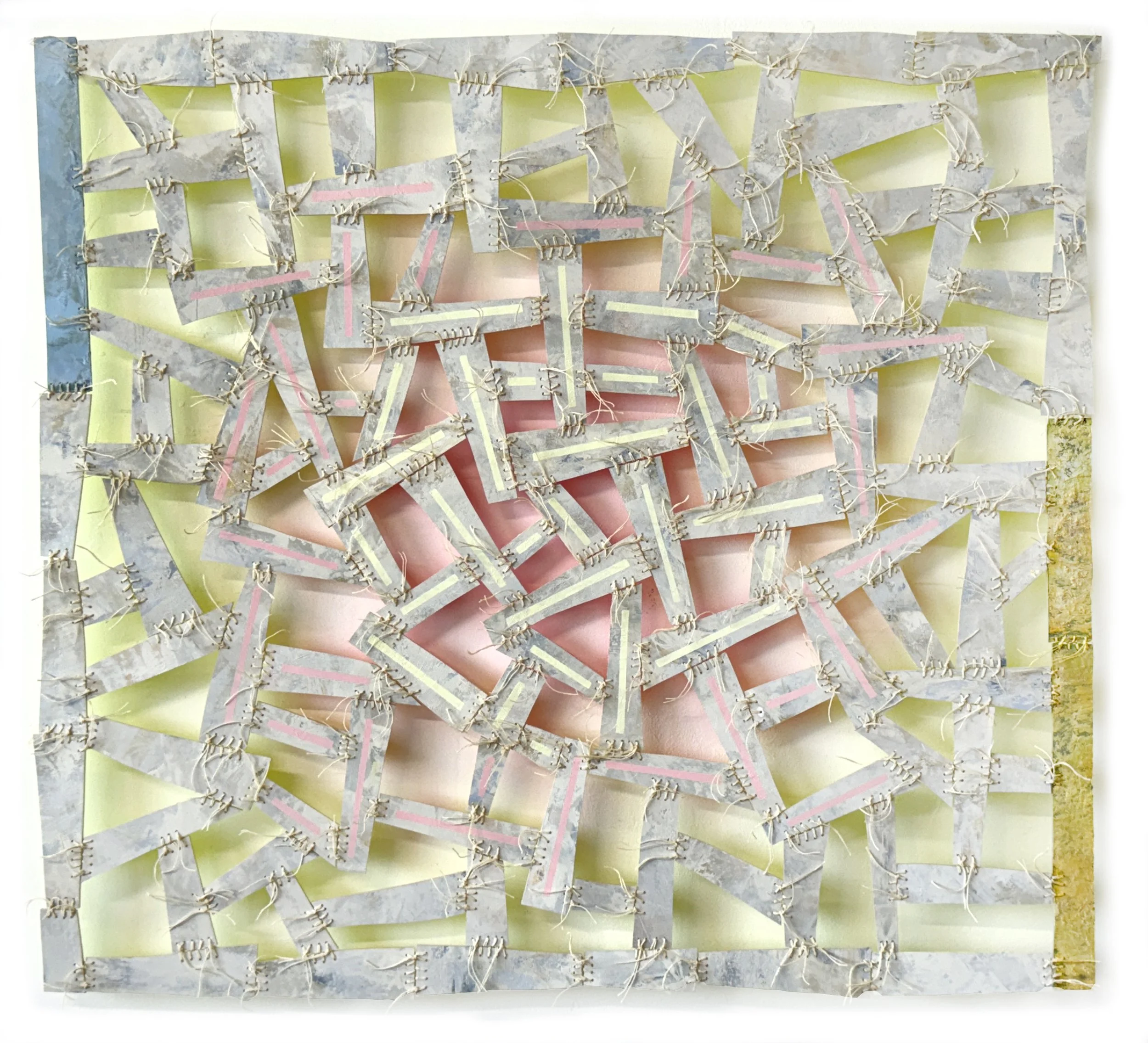 Beyond the Known
33" x 36"
wood, oil paint, fluorescent paint, waxed linen thread - Private Collection