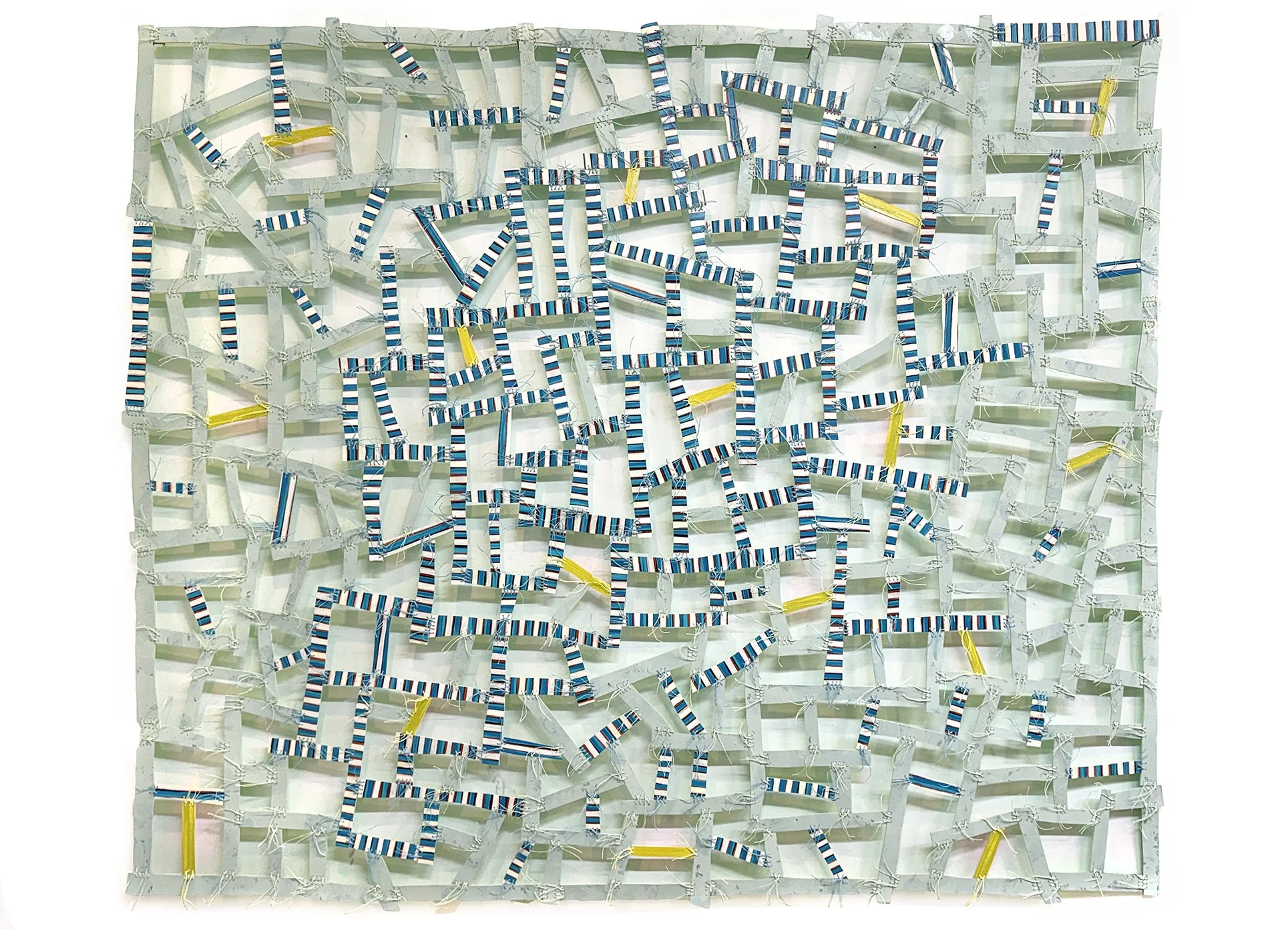 In the Midst
60" x 71"
wood, oil, acrylic, and fluorescent paint, waxed linen thread