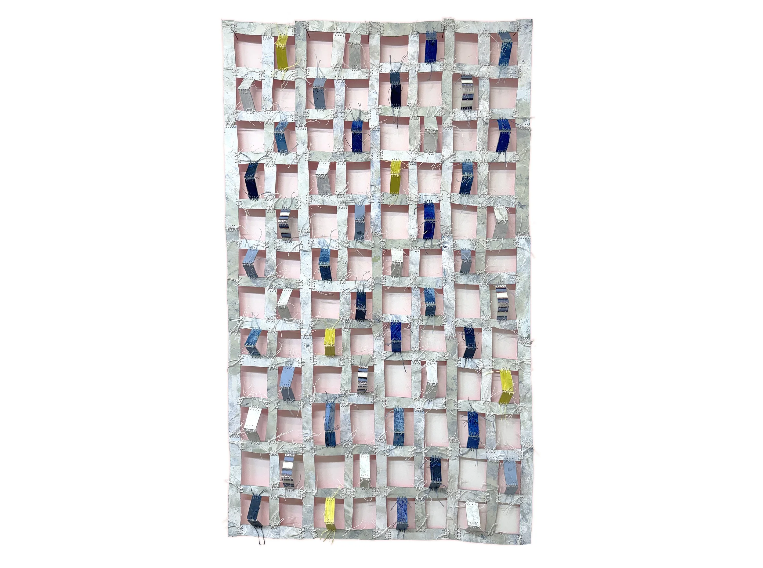  Buckle
60" x 36" x 2"
wood, oil, acrylic, and fluorescent paint, waxed linen thread